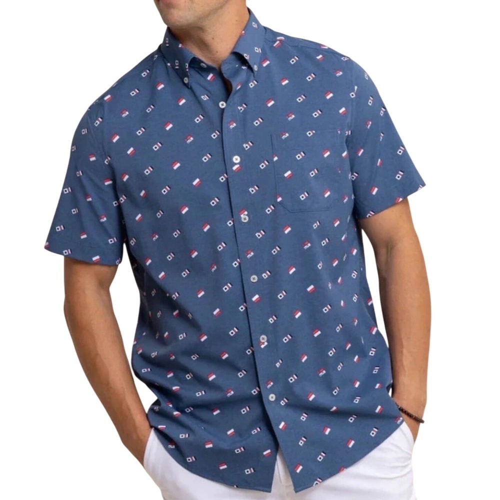 Southern Tide Intercoastal Shirt Mens Medium Blue Nautical Flag Performance  New